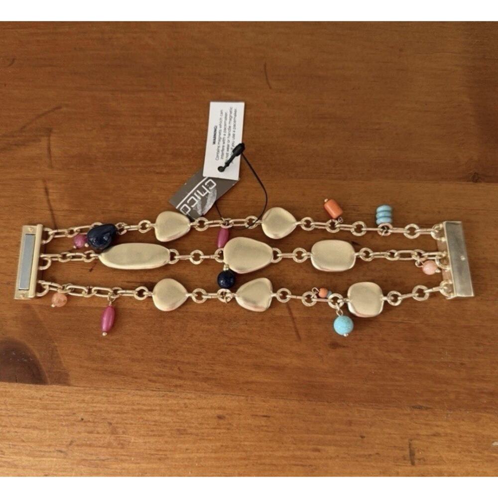Chico’s NWT Gold Tone Multi Strand Bracelet Colorful Stones Magnetic Clasp - Picture 9 of 12